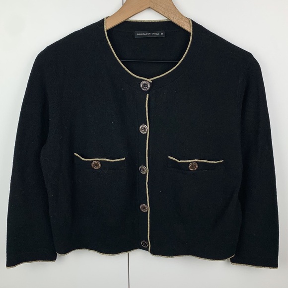 Purificacion Garcia Wool Blend Black Gold Trim Button Front Crop Cardigan Medium - Picture 1 of 7